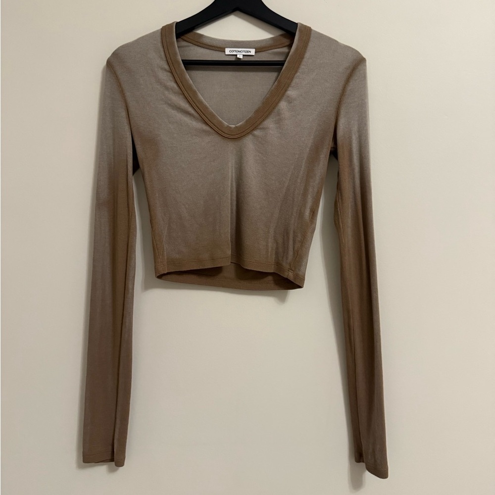 Cotton Citizen Taupe Ribbed V-Neck Long Sleeve Crop Top Size S